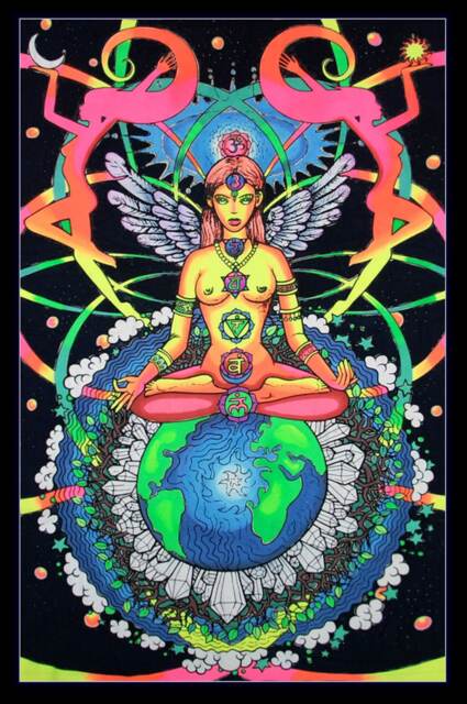 Psychedelic'chakra Goddess' Tapestry, Trippy Uv Reactive Wall Hanging, Hand Painted Batik, 2M High - image 1