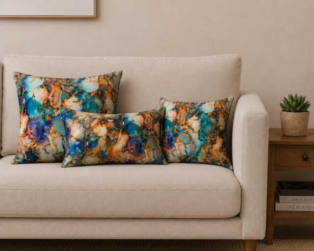Handmade By Order Luxury Blue Golden & Yellow Rasin Tile Marble Effect Abstract Pattern Velvet Cushion Covers Bespoke Sizes Available - image 1