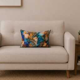 Handmade By Order Luxury Blue Golden & Yellow Rasin Tile Marble Effect Abstract Pattern Velvet Cushion Covers Bespoke Sizes Available - thumbnail 2