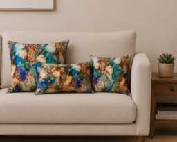 Handmade By Order Luxury Blue Golden & Yellow Rasin Tile Marble Effect Abstract Pattern Velvet Cushion Covers Bespoke Sizes Available