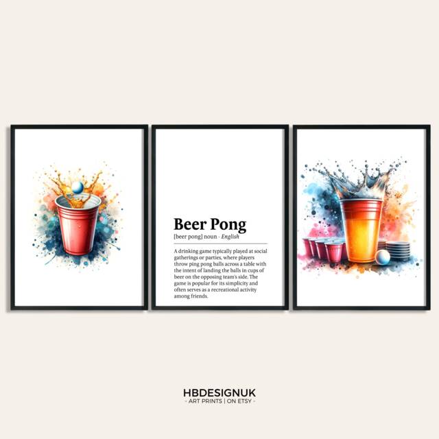 Beer Pong Print Poster Set - Of 3 Uni Posters - Watercolour Art Painting Decoration Decor Game Room Wall Gifts Artwork - image 1