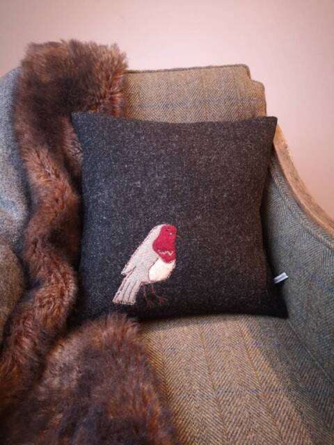 Hand Crafted Harris Tweed Robin Embroidered Cushion Cover - image 1