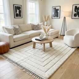 Solid Cream Carved Moroccan Rug - Textured Beni Ourain Wool Carpet Minimalist High-Low Area - thumbnail 2