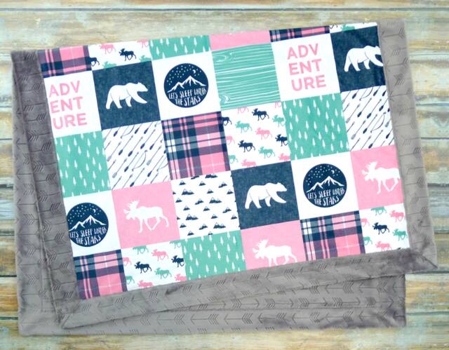 Baby Blanket - Faux Patchwork Quilt Moose Bear Gift Girl Minky Blanket Hot Pink - image 1