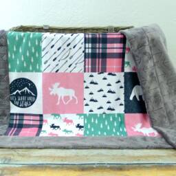 Baby Blanket - Faux Patchwork Quilt Moose Bear Gift Girl Minky Blanket Hot Pink - thumbnail 3