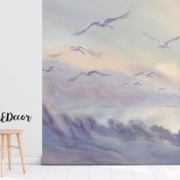 Flying Swans Watercolor Landscape Wall Mural, Removable Wallpaper, Covering, Pastel, Adhesive, Self Adhesive, Decor, #8 - thumbnail 2