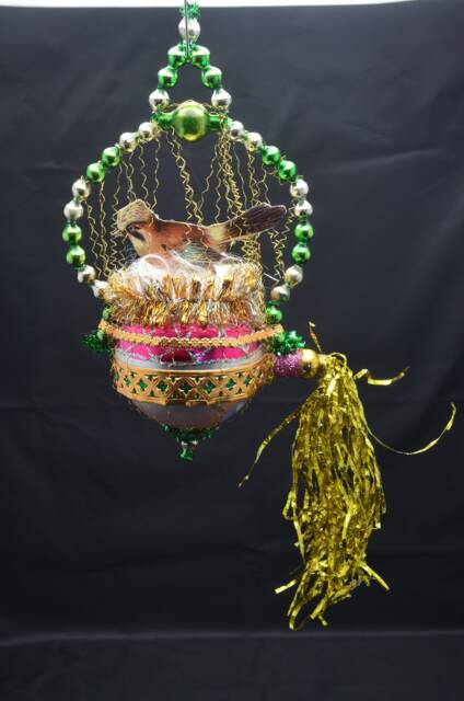 Vintage Christmas Ornament With Dresden Trims, Victorian Die Cuts & Mercury Glass Beads - image 1