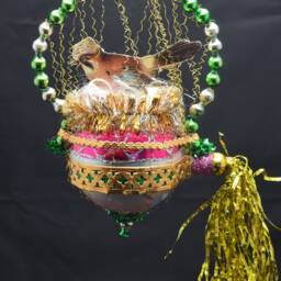 Vintage Christmas Ornament With Dresden Trims, Victorian Die Cuts & Mercury Glass Beads - thumbnail 3
