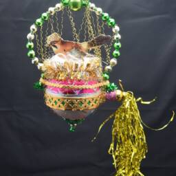 Vintage Christmas Ornament With Dresden Trims, Victorian Die Cuts & Mercury Glass Beads - thumbnail 2