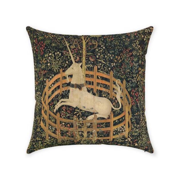 Unicorn in Captivity Cotton Throw Pillows Medieval Painting Tapestry Middle Ages Green Fence Mythical Suede Twill Home Accessory - image 1