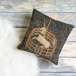 Unicorn in Captivity Cotton Throw Pillows Medieval Painting Tapestry Middle Ages Green Fence Mythical Suede Twill Home Accessory - thumbnail 3