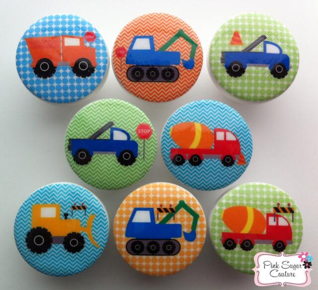 Construction Trucks Knobs Boys Drawer Pulls Kids Nursery Room Decor Kids Art Cement Dump Truck Bulldozer Chevron Dots Blue Green Orange - image 1