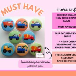Construction Trucks Knobs Boys Drawer Pulls Kids Nursery Room Decor Kids Art Cement Dump Truck Bulldozer Chevron Dots Blue Green Orange - thumbnail 2