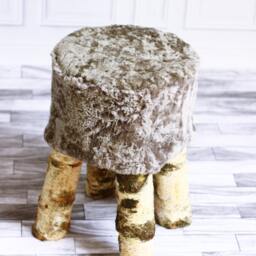 On Sale Luxury Beautiful Real Shaggy Gray Sheepskin Stool, Chair, Pouf, Scandinavian Design - thumbnail 2