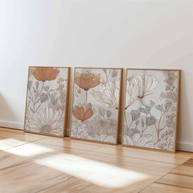 Neutral Botanical Wall Art Set Of 3, Beige & Terracotta Floral Prints, Modern Minimal Line Posters For Living Room Or Bedroom Decor - image 1