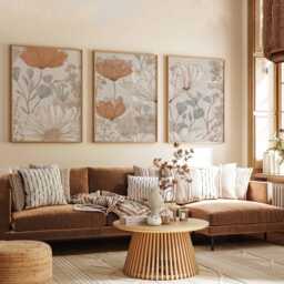 Neutral Botanical Wall Art Set Of 3, Beige & Terracotta Floral Prints, Modern Minimal Line Posters For Living Room Or Bedroom Decor - thumbnail 3