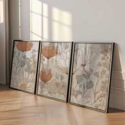 Neutral Botanical Wall Art Set Of 3, Beige & Terracotta Floral Prints, Modern Minimal Line Posters For Living Room Or Bedroom Decor - thumbnail 2