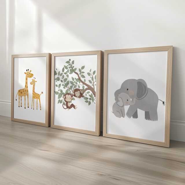 Safari Animal Nursery Wall Prints, Set Of 3 Giraffe Prints For Baby Room, Monkey, Elephant Framed Kids Bedroom Decor Gift Playroom Posters - image 1