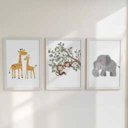 Safari Animal Nursery Wall Prints, Set Of 3 Giraffe Prints For Baby Room, Monkey, Elephant Framed Kids Bedroom Decor Gift Playroom Posters - thumbnail 3