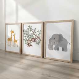 Safari Animal Nursery Wall Prints, Set Of 3 Giraffe Prints For Baby Room, Monkey, Elephant Framed Kids Bedroom Decor Gift Playroom Posters - thumbnail 1