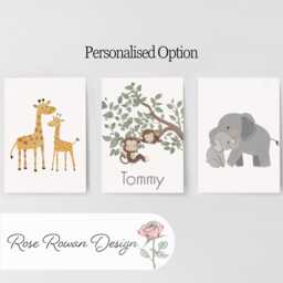 Safari Animal Nursery Wall Prints, Set Of 3 Giraffe Prints For Baby Room, Monkey, Elephant Framed Kids Bedroom Decor Gift Playroom Posters - thumbnail 2