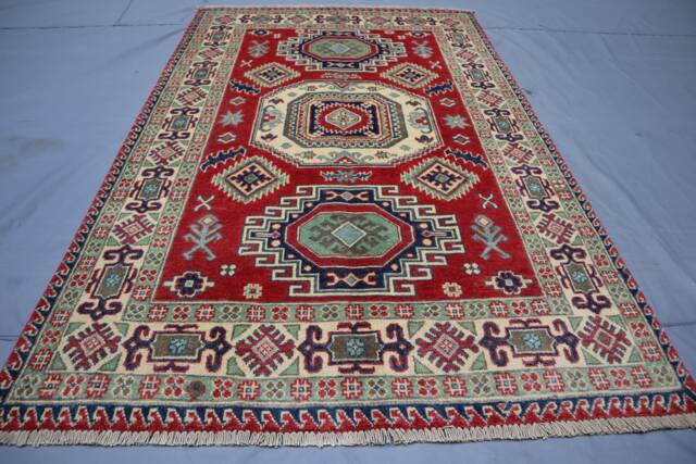 4x6 Kazak Area Rug - Red Caucasian Afghan Hand Knotted Veg Dyes Wool Geometric Bedroom Office Oriental Tribal Carpet - image 1