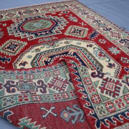 4x6 Kazak Area Rug - Red Caucasian Afghan Hand Knotted Veg Dyes Wool Geometric Bedroom Office Oriental Tribal Carpet - thumbnail 4