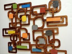 Geometric Wood Wall Art Mid-Century Modern Style, Walnut & Color Accents