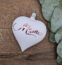 Rose Gold & White Matt Blown Glass Heart-Shaped Bauble Christmas Ornament With Custom Text, Personalised