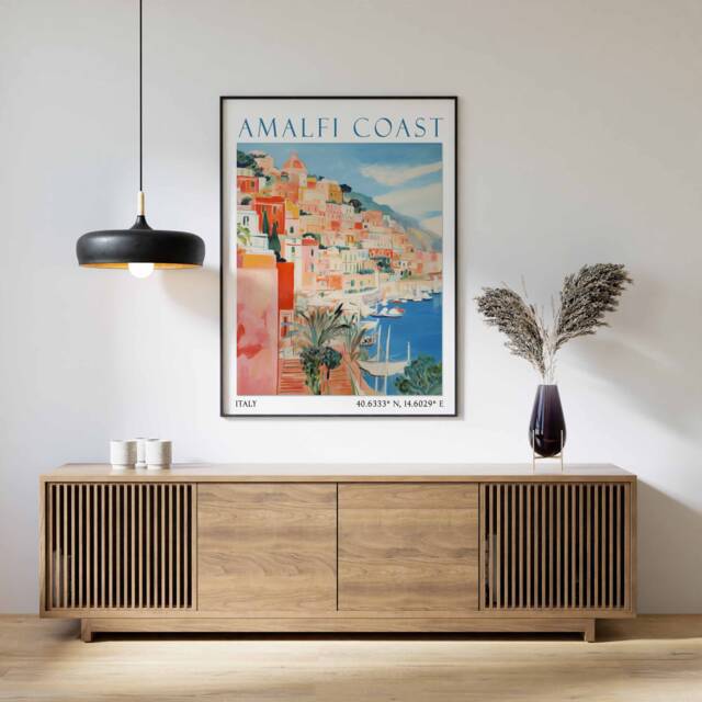 Amalfi Coast Travel Poster, Print, Positano Italy Italian Coastal Decor, Mediterranean Print - image 1