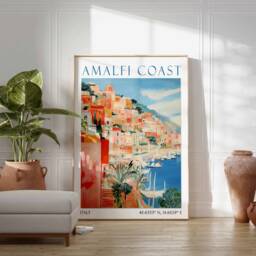 Amalfi Coast Travel Poster, Print, Positano Italy Italian Coastal Decor, Mediterranean Print - thumbnail 3