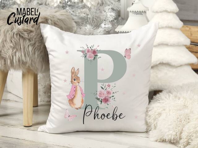 Personalised Peter Rabbit Cushion - Girls Pink Floral Letter Gift Bedroom Decor Daughter Granddaughter Goddaughter Flopsy Bunny - image 1
