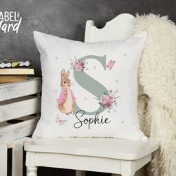 Personalised Peter Rabbit Cushion - Girls Pink Floral Letter Gift Bedroom Decor Daughter Granddaughter Goddaughter Flopsy Bunny - thumbnail 3