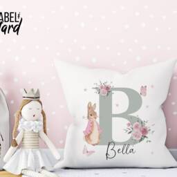 Personalised Peter Rabbit Cushion - Girls Pink Floral Letter Gift Bedroom Decor Daughter Granddaughter Goddaughter Flopsy Bunny - thumbnail 2