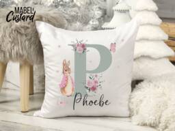 Personalised Peter Rabbit Cushion - Girls Pink Floral Letter Gift Bedroom Decor Daughter Granddaughter Goddaughter Flopsy Bunny - thumbnail 1