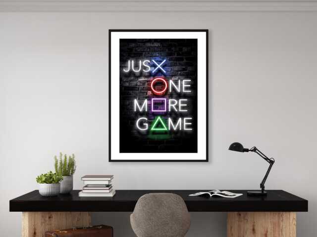 Just One More Game - Wall Print Art Neon Colourful Controller Gift Idea Printed Paint Poster A5 A4 A3 Framed Unframed - image 1