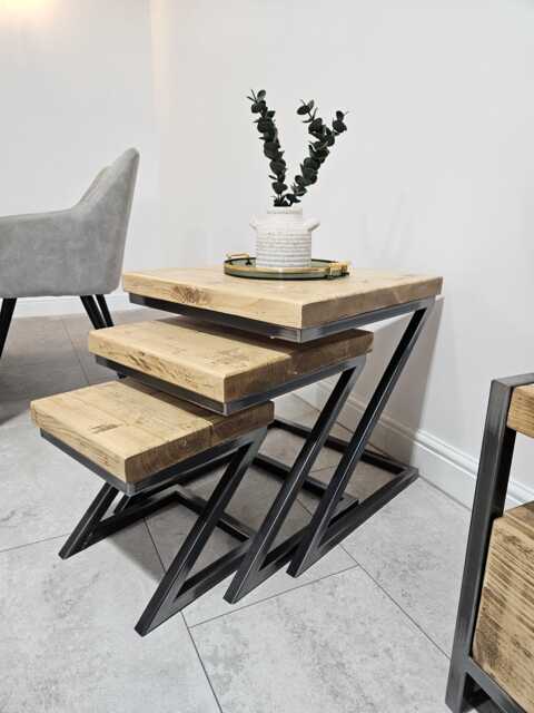 Nest Of Tables Coffee Side - Handmade Rustic Industrial Wood UK Set Small Living Room - image 1