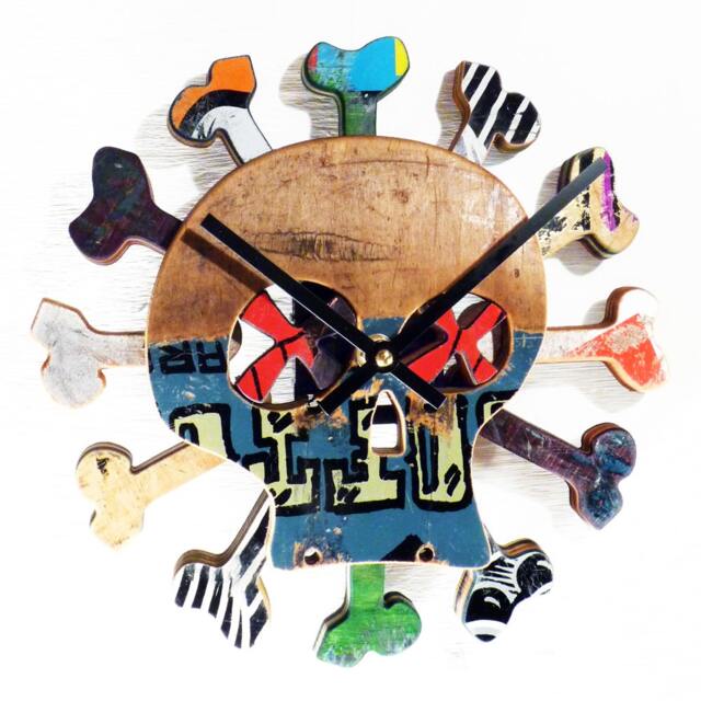 Skull & Bones Skateboard Clock Recycled Street Art Wall Decor - Made To Order - image 1