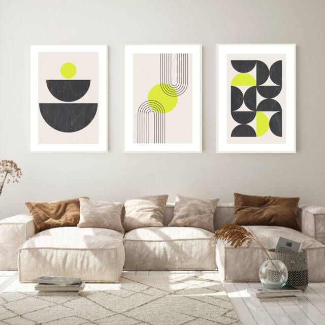Boho Abstract Wall Prints, Set Of 3 Living Room Modern Art, Home Decor, Lime Green Contemporary - image 1