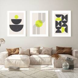 Boho Abstract Wall Prints, Set Of 3 Living Room Modern Art, Home Decor, Lime Green Contemporary - thumbnail 1