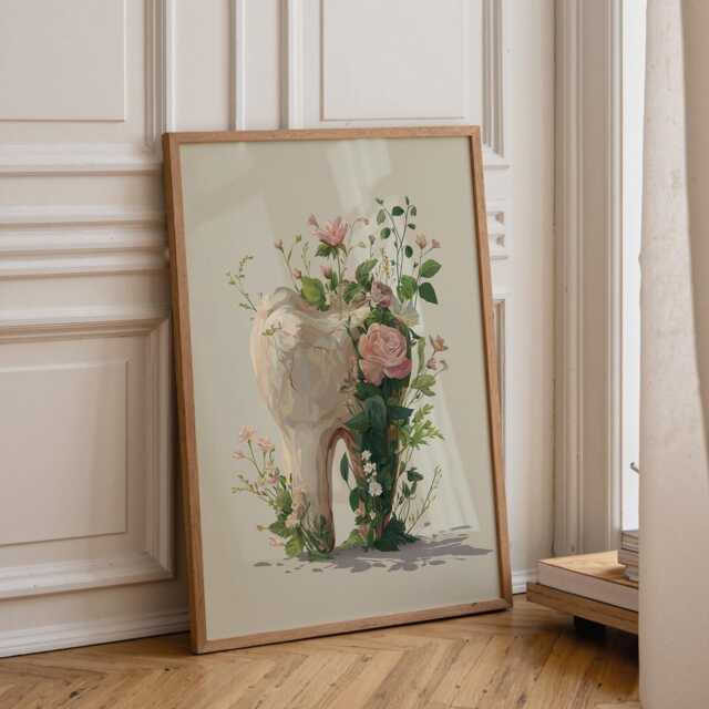 Dental Wall Art Print - Floral Tooth Illustration Elegant Dentist Office D??cor Botanical Medical - image 1