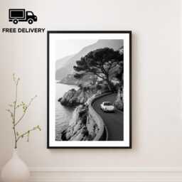 Vintage Classic Car Print, Porsche 911 Italy Coast, Fine Art Photography Wall Art, Museum Quality Black & White Poster - thumbnail 1