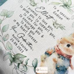 Personalised Christening Baptism Gift Promise To Godchild Godson Goddaughter Woodland Rabbit Linen Style Cushion Godparent Godmother - thumbnail 2