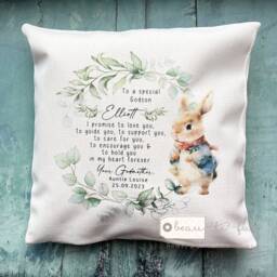 Personalised Christening Baptism Gift Promise To Godchild Godson Goddaughter Woodland Rabbit Linen Style Cushion Godparent Godmother