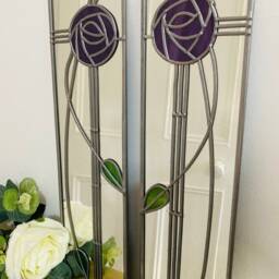 Opposite Pair Rose 8 in Purple Rennie Mackintosh Style Stained Glass Effect Mirror Handmade Gift Catfish Glass Art Nouveau 10x40cm - thumbnail 2