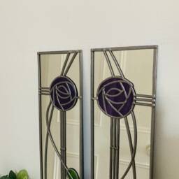 Opposite Pair Rose 8 in Purple Rennie Mackintosh Style Stained Glass Effect Mirror Handmade Gift Catfish Glass Art Nouveau 10x40cm - thumbnail 3