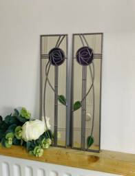Opposite Pair Rose 8 in Purple Rennie Mackintosh Style Stained Glass Effect Mirror Handmade Gift Catfish Glass Art Nouveau 10x40cm