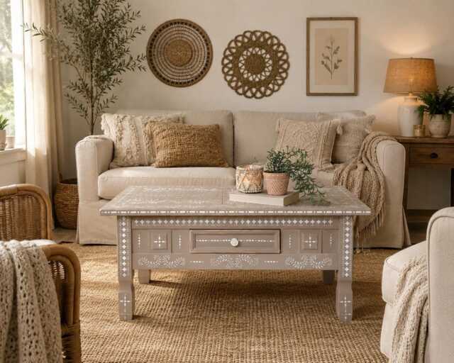 Neutral Boho Patterned Style Pine Coffee Table, With Drawer - image 1