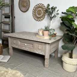 Neutral Boho Patterned Style Pine Coffee Table, With Drawer - thumbnail 3