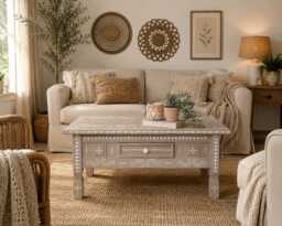 Neutral Boho Patterned Style Pine Coffee Table, With Drawer - thumbnail 1